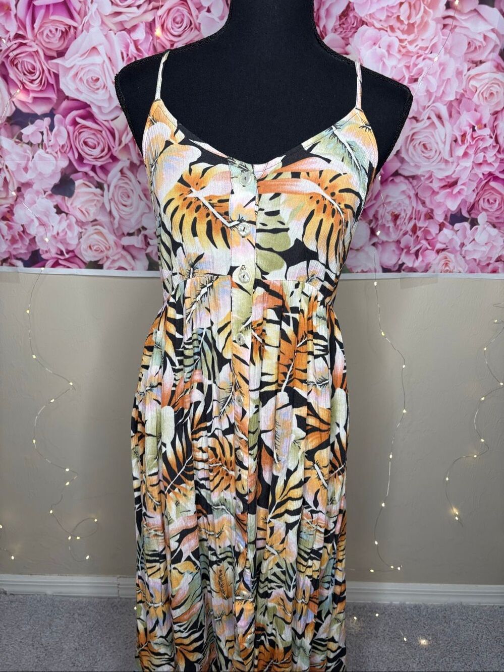 Billabong Women's Tropical Palm Print Button Front Midi Boho Beach Sundress Size
